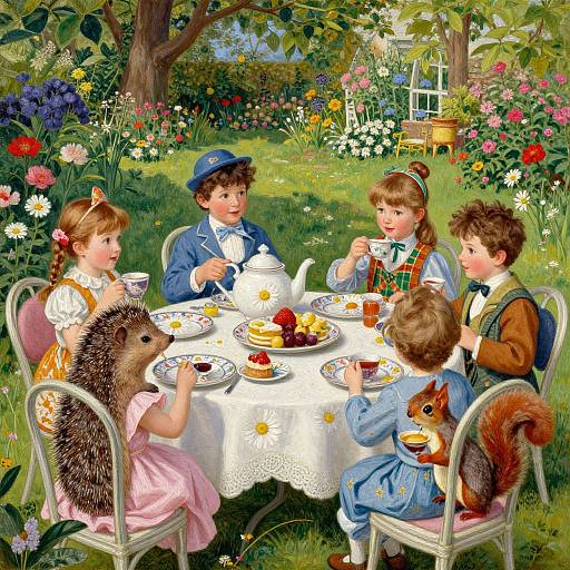 Whimsical painting of five children with stuffed animals, having tea in a vibrant garden with flowers, trees, and a white tablecloth.
