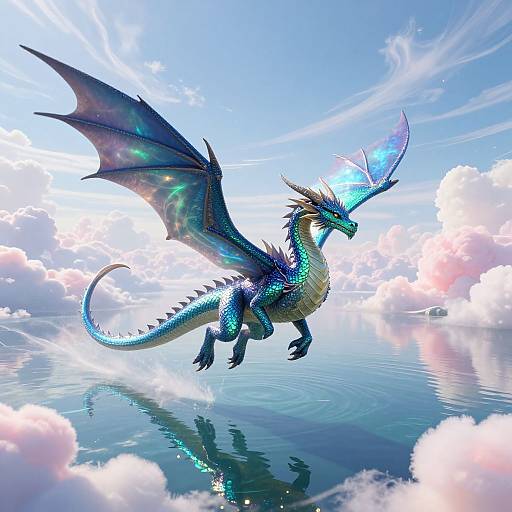 Digital artwork of a radiant blue and green dragon with glowing wings soaring above a reflective, cloud-filled sky.