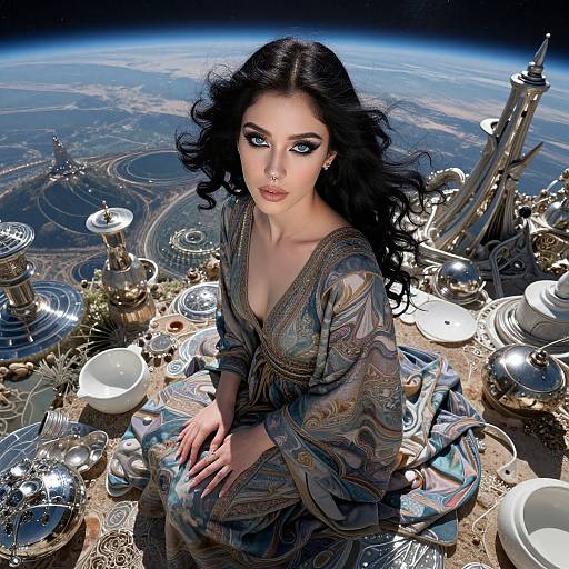 Digital art of a fair-skinned, dark-haired woman in a patterned dress, seated on a futuristic space station with metallic dishes, overlooking a planet