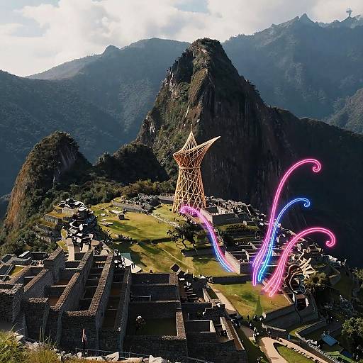 Photograph of Machu Picchu with vibrant neon light trails, tower, and ancient stone buildings against a mountainous, cloudy backdrop.