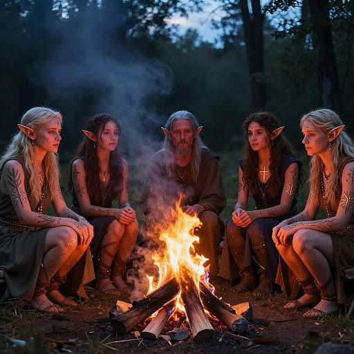 Photograph of five elven figures with pointed ears, dressed in dark, medieval-style clothing, sitting around a glowing campfire in a forest at dusk