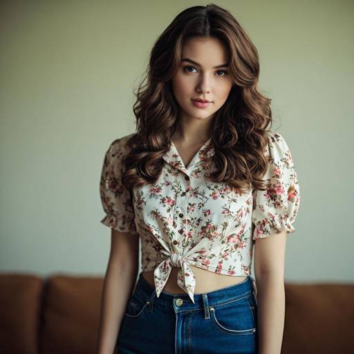 Young Woman in Floral Blouse and Jeans
