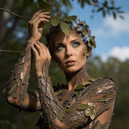 Photorealistic digital art of a fair-skinned woman with green eyes, wearing a leafy crown and bark-covered dress, holding a branch, set