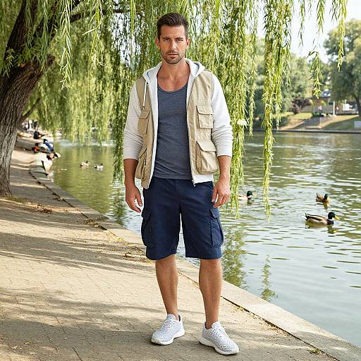 Photograph of a muscular, bearded man with short brown hair, wearing a white jacket, blue shirt, navy shorts, and white sneakers, standing