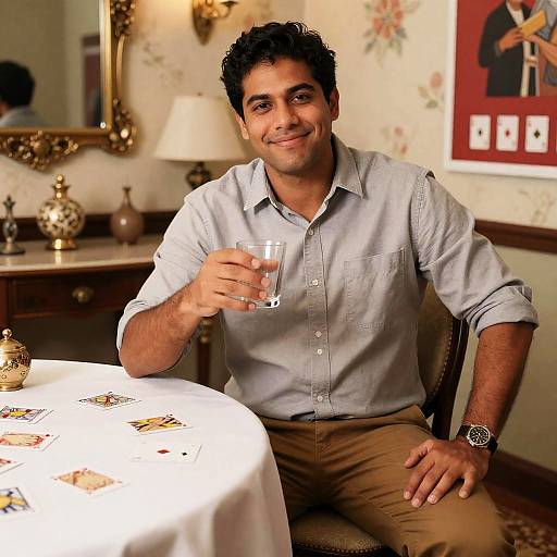 Smiling Man Holding Glass at Card Game Table