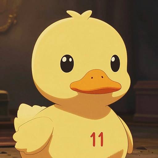 Digital drawing of a cute, yellow, rubber duck with large black eyes, orange beak, and 