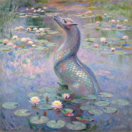Whimsical painting of a shimmering, serpentine dragon emerging from a serene pond, surrounded by blooming water lilies and green lily