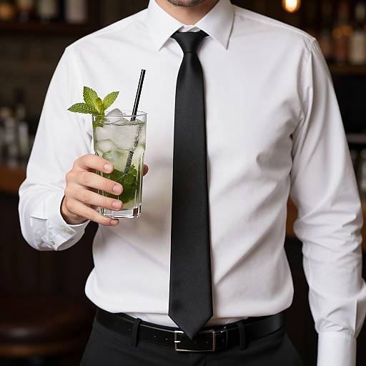 Photograph of a man in a white shirt and black tie, holding a glass with a mint drink and straw, in a dimly lit bar.