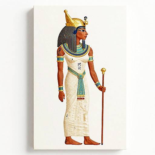 Photograph of an ancient Egyptian queen in white linen dress, blue and green jewelry, black-striped headdress, holding a golden staff, standing against a