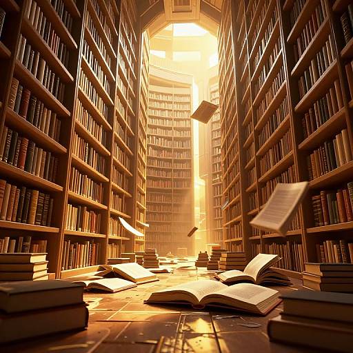 Photograph of a vast, sunlit library with towering bookshelves, scattered open books, and papers floating in the air. Warm, golden light