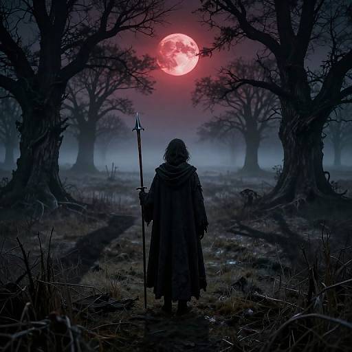 Digital artwork: Silhouetted warrior with long cloak and trident stands in eerie, moonlit forest, facing a glowing red full moon.