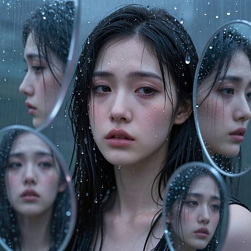 Digital artwork of a wet-faced Asian woman with long black hair, surrounded by multiple her reflections on a rain-streaked mirror. Blue-tinted