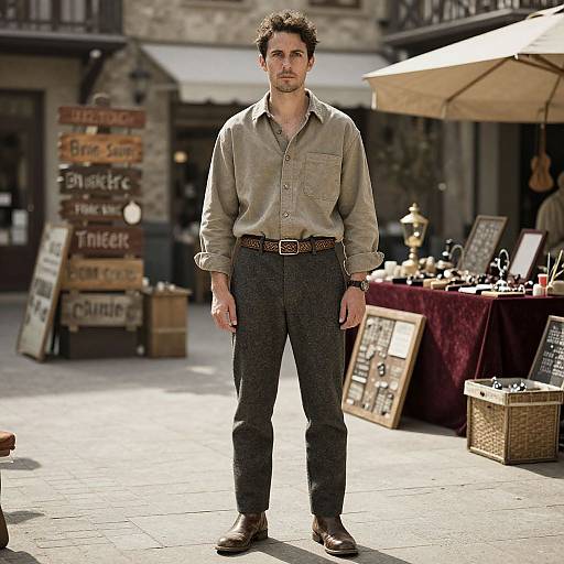 Photograph of a tall, handsome man with curly brown hair, wearing a beige shirt, dark pants, and brown belt, standing in a sunny outdoor