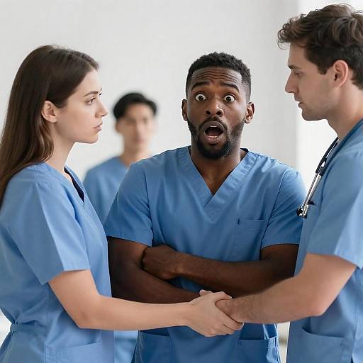Shocked Medical Team in Blue Scrubs