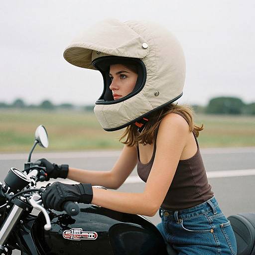 Photograph of a young woman with light skin, brown tank top, blue jeans, white helmet, black gloves, riding a black motorcycle on a highway