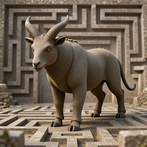 Photorealistic CGI of a textured, gray, horned rhinoceros standing on a maze-patterned stone floor, with intricate, ancient stone