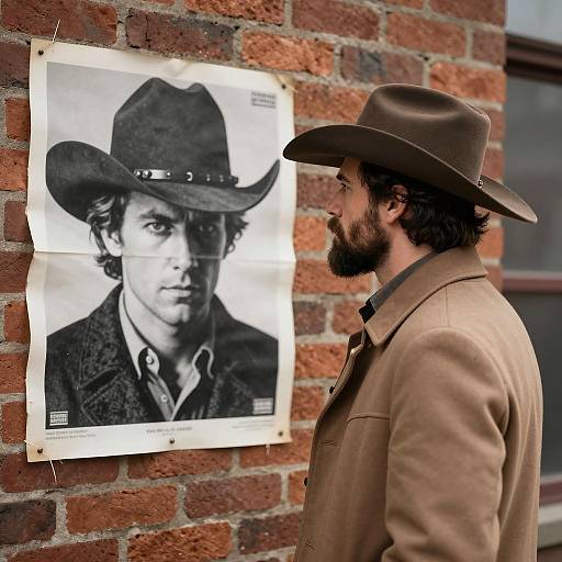 Bearded Man Gazing at Vintage Poster