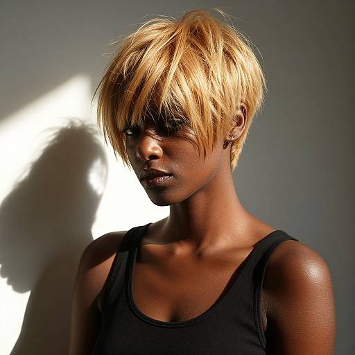 Photograph of a dark-skinned woman with short, blonde, layered hair, wearing a black tank top, shadowed by bright light.