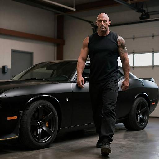 Muscular Man Beside Matte Black Muscle Car