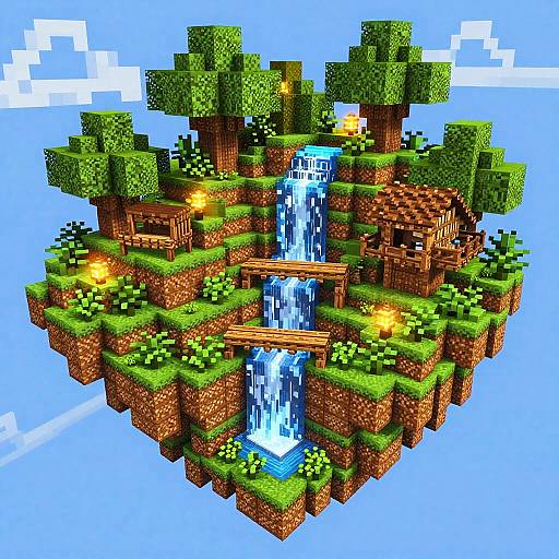Pixel art of a floating island with a central waterfall, surrounded by trees, grass, and glowing lights, set against a blue sky.