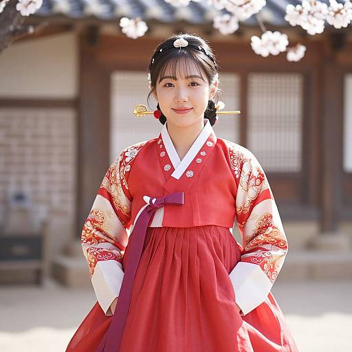 Photograph of a young Asian woman in traditional red Korean hanbok with white floral patterns, black hair, and flower hairpin, standing in front