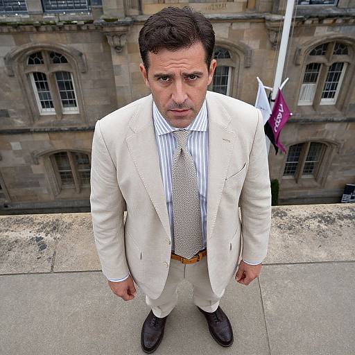 Photograph of a middle-aged man with dark hair, wearing a white suit, striped shirt, patterned tie, and black shoes, standing on a