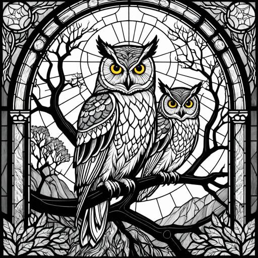 Stained Glass Window with Mystical Owls