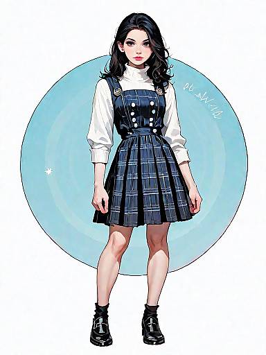 Young Woman in Preppy Plaid Pinafore Dress