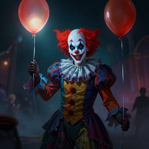 Photorealistic digital artwork of a creepy clown with red hair, white face paint, and red nose, holding two glowing red balloons, in a dark