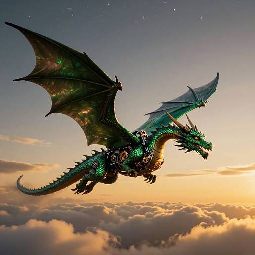 Photorealistic digital artwork of a green, bioluminescent dragon with large, translucent wings soaring through a sunset sky filled with clouds.