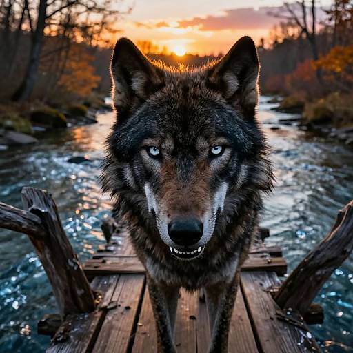 Photograph of a fierce, staring wolf with piercing blue eyes standing on a wooden bridge over a flowing river at sunset.