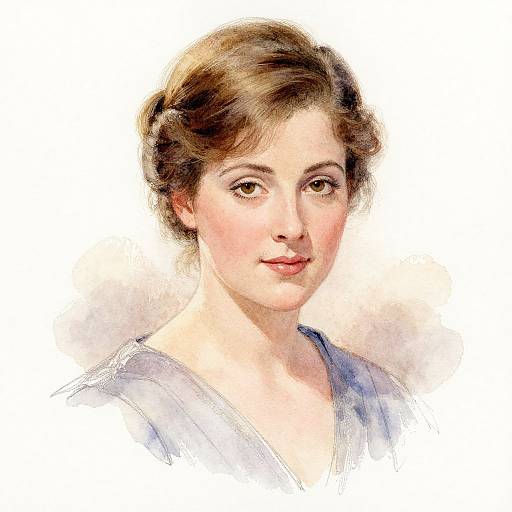 Digital painting of a young woman with light skin, brown hair in a loose updo, wearing a simple blue top, smiling gently against a white background