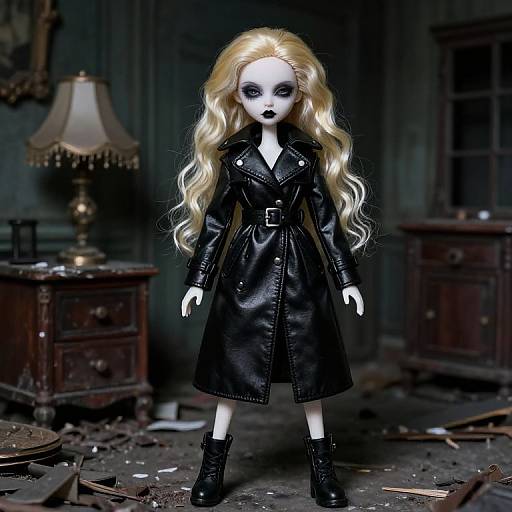 Photograph of a goth doll with long blonde hair, black leather coat, boots, and dark makeup, standing in a dark, cluttered,
