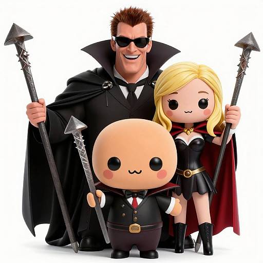 Chibi-style digital artwork of a muscular man with sunglasses, blonde woman, and two cute bald children holding bat-shaped weapons.