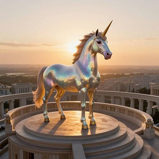 Digital art of a shimmering, iridescent unicorn statue on a circular pedestal at sunset, overlooking a cityscape with classical architecture.