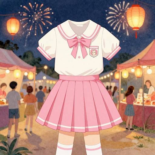 Digital illustration of a pink and white anime-style schoolgirl outfit with a bow, pleated skirt, and striped socks, displayed at a nighttime festival with