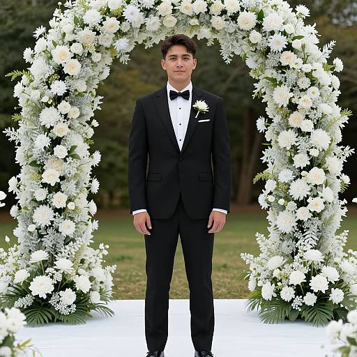 Photograph of a young man in a black tuxedo with bow tie, standing under a white floral archway outdoors.