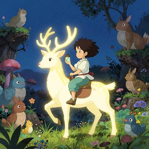 Anime-style digital artwork: A child with dark hair rides a glowing deer through a vibrant, magical forest at night, surrounded by colorful, whimsical creatures