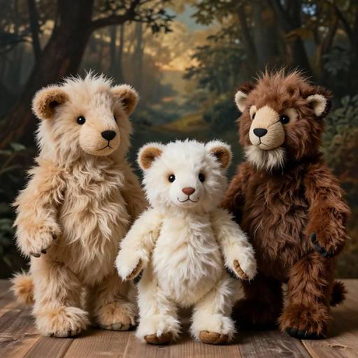 Photograph of three plush teddy bears: left beige, center white, right brown, standing on wooden floor with forest background.