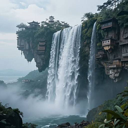 Photograph of a towering waterfall cascading between lush, forested cliffs with traditional, wooden houses perched precariously on the rocky edges. Mist