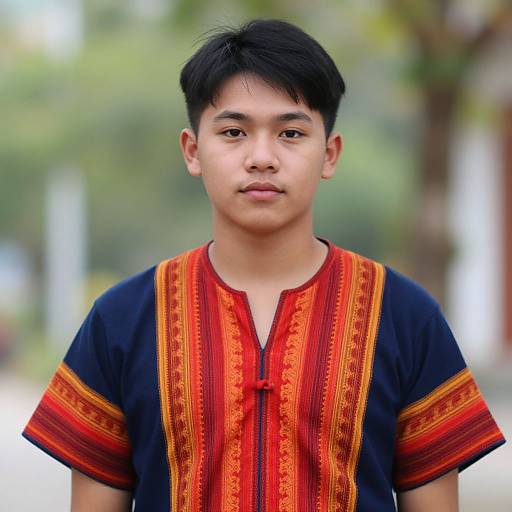 Photograph of a young Asian man with black hair, wearing a red and gold embroidered black traditional shirt, standing outdoors with a blurred green and white background