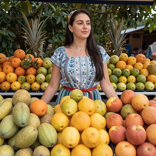 Photograph of a young woman with long dark hair, wearing a blue patterned dress and red belt, standing behind a colorful fruit stall filled with oranges