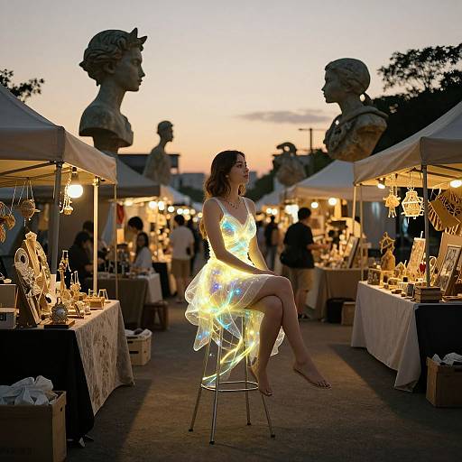 Photograph of a glowing woman in a translucent, neon dress seated on a stool at a twilight outdoor market, surrounded by illuminated statues and vendor stalls.