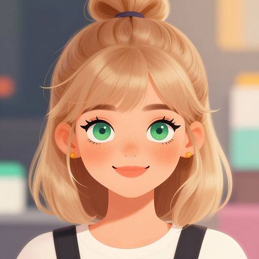 Digital anime-style portrait of a cute blonde girl with green eyes, freckles, and a bun, wearing a white shirt, smiling warmly.