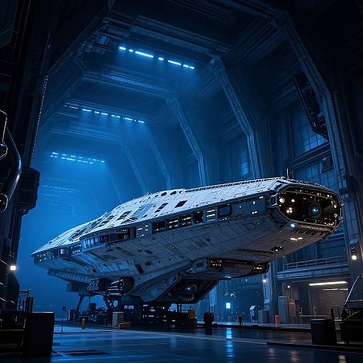 Photograph of a futuristic, blue-lit spaceship with a sleek, elongated, ribbed design in a massive, dimly lit industrial hangar
