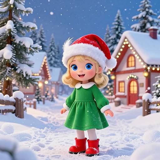 Cute digital illustration of a blonde girl with blue eyes, wearing a green dress, red boots, and Santa hat, standing in a snowy, festive