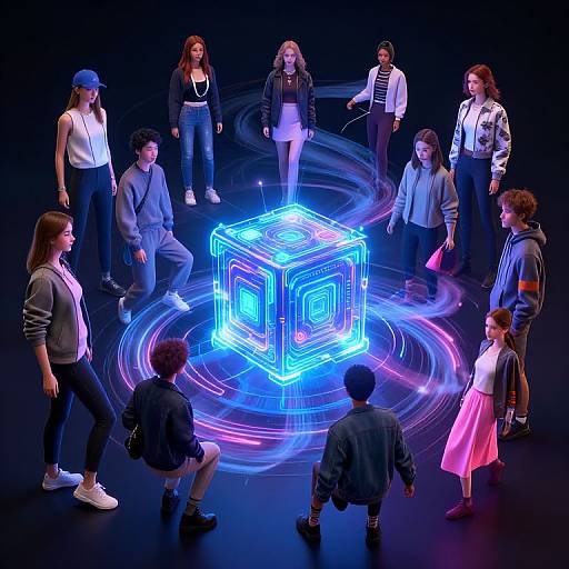 Photograph of diverse group of children and teenagers, wearing casual clothes, surrounding a glowing blue neon cube on a black stage.
