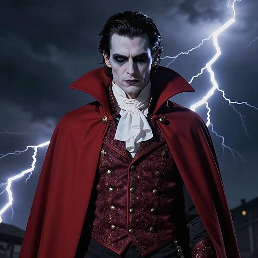 Photograph of a pale, dark-haired vampire with striking makeup, wearing a red cape and ornate red vest, set against a stormy night sky