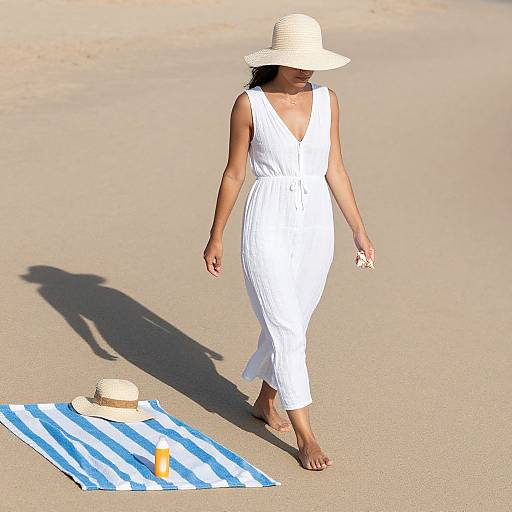Photograph of a woman in a white sleeveless dress and wide-brimmed hat walking on a sunlit beach, shadow cast, with a blue