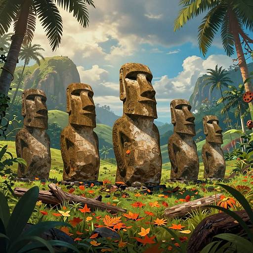 Photograph-like digital artwork of four Moai statues standing in a lush, tropical forest with vibrant flowers, tall palm trees, and a sunny, cloud
